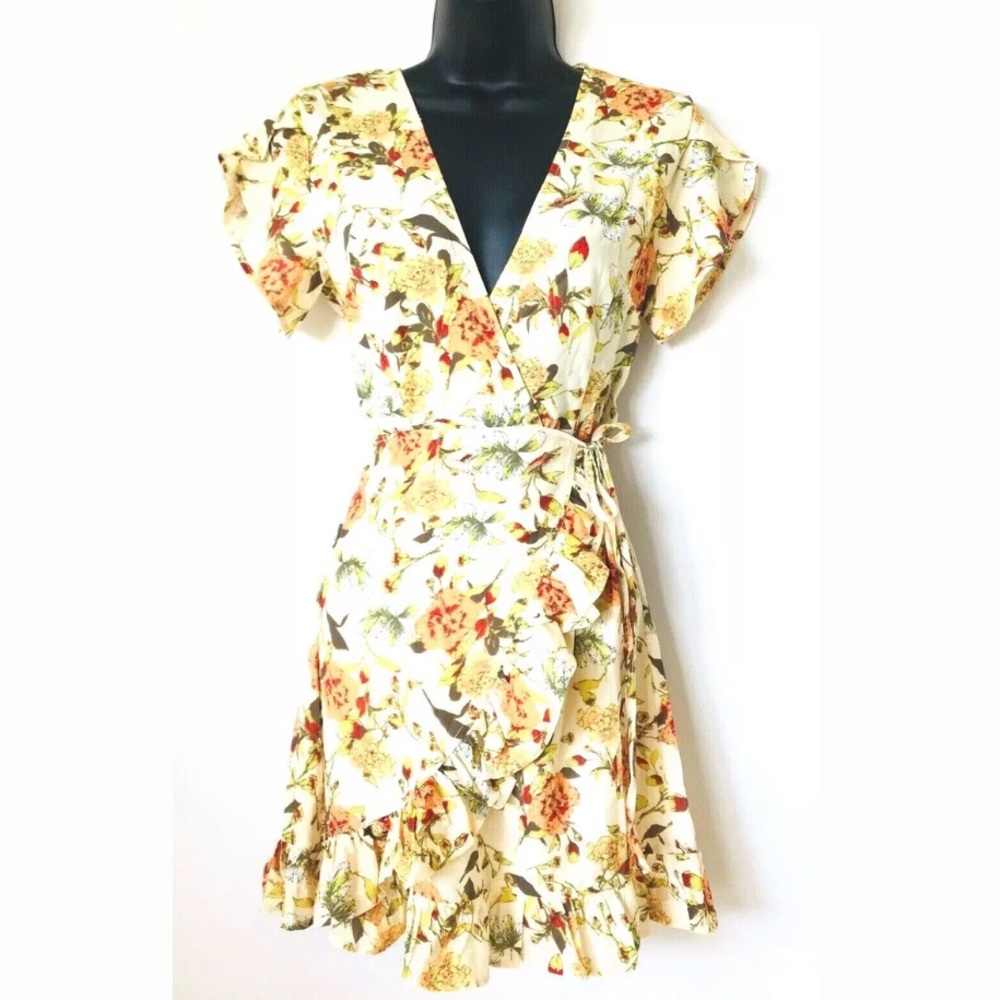 NWT Yellow Floral V Neck Draped Wrap Summer Dress
